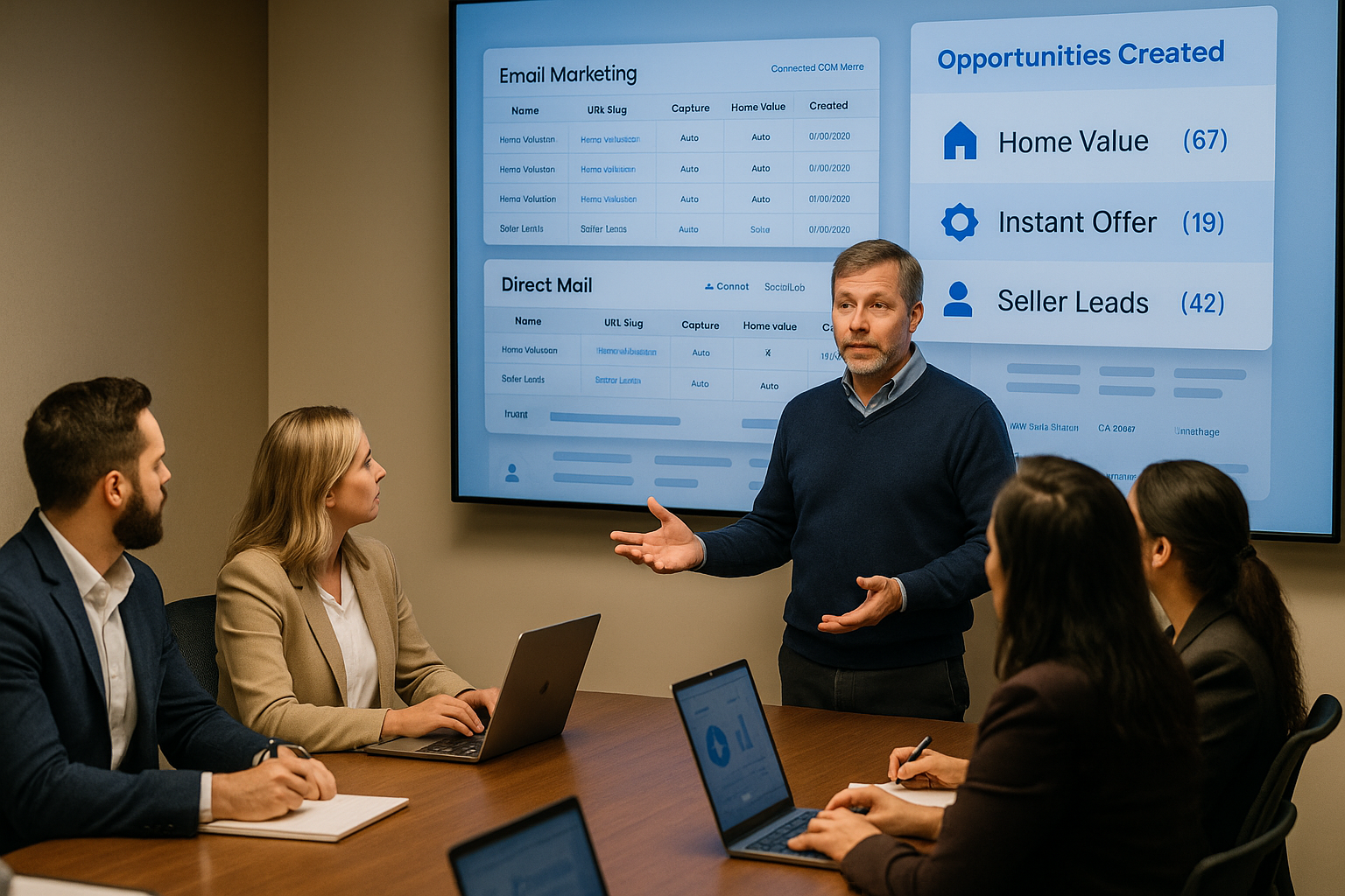 Real estate team training session with FlowClose lead generation dashboard showing opportunities, home values, and seller leads